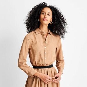 Cropped Button Down Tan w/ Small Black Stripes